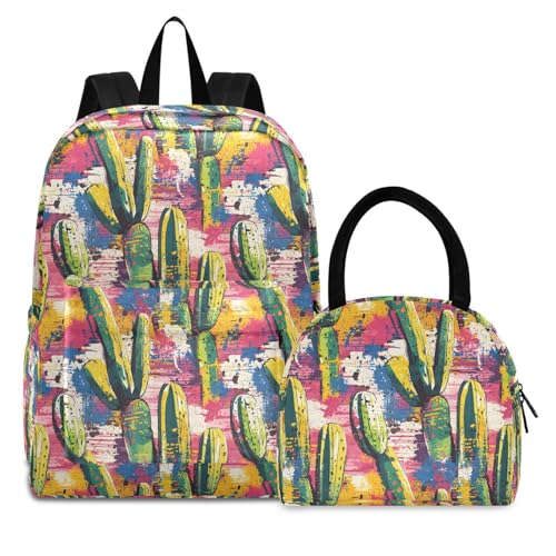 Backpack Lunch Bag Set Painting Cactus Print, Big Storage Travel Backpacks with Insulated Lunch Box for Office Hiking Picnic