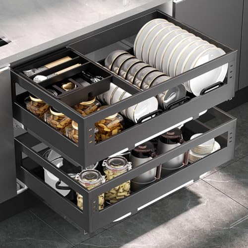 Pull Out Wire Baskets with Drain Pan and Damping Guide, Stainless Steel Cabinet Drawer Organizer, Heavy Duty Storage Shelf for Kitchen, Cupboard Organizer