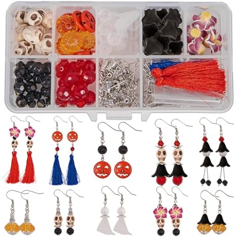 SUNNYCLUE 1 Box DIY Make 10 Pairs Halloween Theme Dangle Earring Jewelry Making Starter Kits Skull Pumpkin Ghost Witch Beaded Tassel Earring Making Supplies, Instruction Cover
