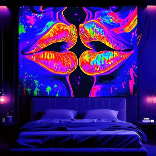 Image of BlissYard Blacklight Tapestry Lip Tapestry Glowing 78x59 Inch UV Reactive Large Neon Decoration Posters Wall Hanging for Home Living Room Bedroom Party Decor Photo Shoot Props