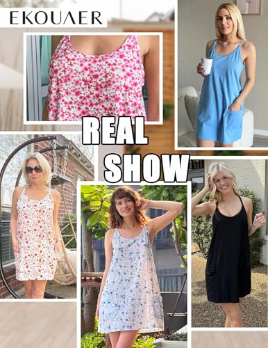 Image of Ekouaer Nightgowns for Women Cotton Sleepwear Sexy Sleep Shirt Adjustable Spaghetti Strap Night Gowns with Pockets S-3XL
