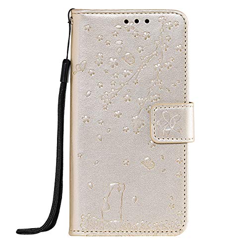 Samsung Galaxy A11 Case, 3D Shockproof PU Leather Embossed Floral Cat Flip Cover Notebook Wallet Cases with Magnetic Closure Stand Card Holder ID Slot Folio Soft TPU Bumper Protective Skin Golden