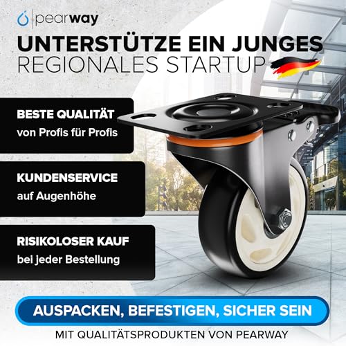 PEARWAY™ Schwerlastrollen 100mm - bis 600kg mit 4x Bremse - extra leise & langlebig - Möbelrollen mit Bremse - Rollen für Möbel & Schwerlast - Lenkrollen für Möbel & Outdoor - Laufrollen - Bockrollen