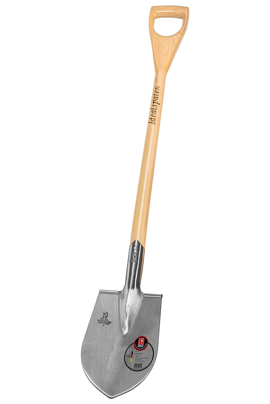 IDEAL-Spaten Kieler Form | für Harte und steinige Böden | feinpolierter Doppelfederspaten, selbstschärfend, mit Tritt, Eschen-T-Stiel 85 cm