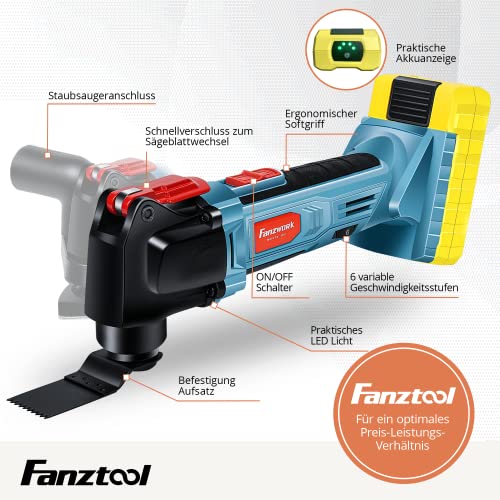 FANZTOOL 20V Akku Multifunktionswerkzeug mit EC-Motor, 3.2° Oszillationswinkel, LED-Beleuchtung, 6 Geschwindigkeiten,zum Schneiden,Schnitzen,Bohren,Schleifen & Polieren,inkl. 2Ah Akku & Ladegerät. – Bild 8