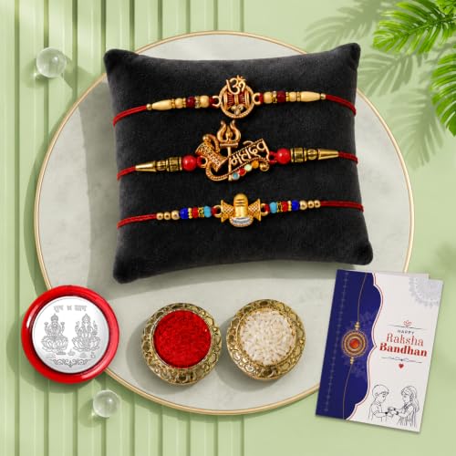 Image of Oblivion Rakhi For Brother - Elegant Stylish God Designer Rakhi with Beads and Silver Colour Pooja Coin, Tilak Set & Greeting Card - Traditional Raksha Bandhan Combo for Bhai
