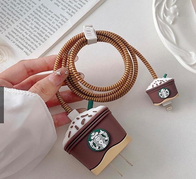 Image of Cable Protector with 3D Cute Pattern for iPhone Charger only18W & 20W | Data Line Wire Saver Charger Protective Cable Full Protection Set of-1 (Brown&White Star-Bucks)