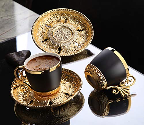 LaModaHome Espresso Coffee Cups with Saucers Set of 6, Porcelain Turkish Arabic Greek Coffee Cup and Saucer, Coffee Cup for Women, Men, Adults, Guests, New Home Wedding Gifts - Gold/Black