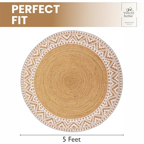 Image of voyzz home Premium Natural Jute Braided Area Rug, 5-feet Round, White Printed Border, Stain Resistance, Natural Handmade Rug for Entryways, Living Room, Dining Room, Bedroom, Farmhouse, Kitchen