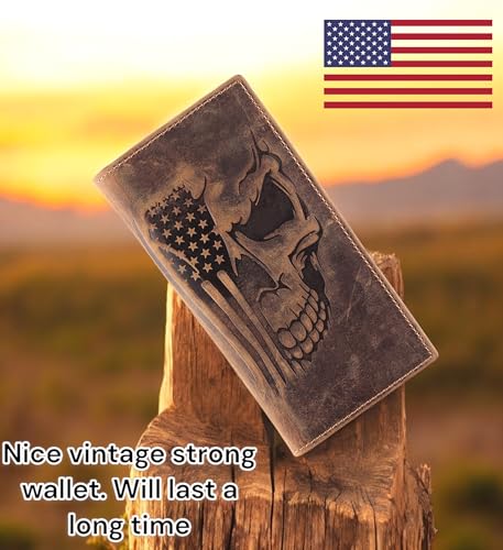 Image of F&L CLASSIC Men's RFID Vintage Look Genuine Leather Long Bifold Wallet Checkbook Wallets,brown flag skull,240-103