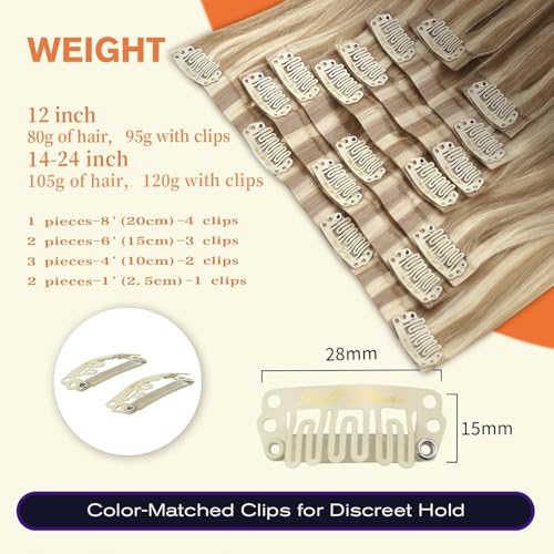 Image of Full Shine Clip in Hair Extensions Human Hair Dark Blonde Mix Light Blonde Seamless Hair Extension Clip ins PU Weft for Women 20 Inch 8 Pcs 120g