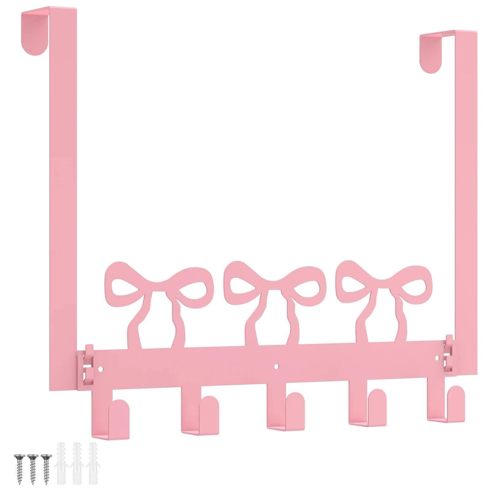 TRRYUIP Hat Storage Over The Door Hook Metal Pink Bow Behind Hanger Clothes Storage Holder Punch-free Bathroom Coat Towel Rack