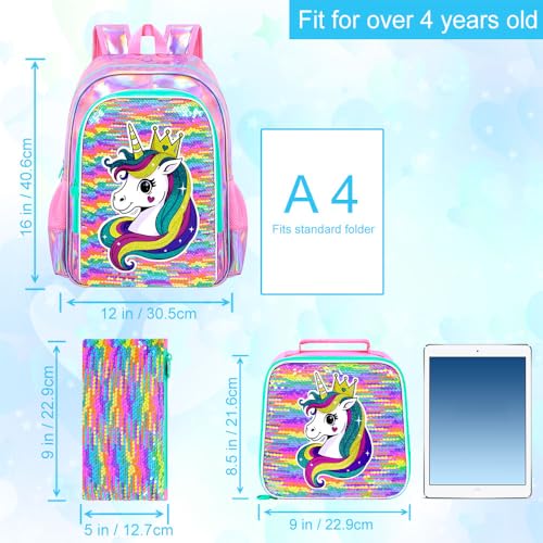 Image of CCJPX 3Pcs Unicorn Backpack for Girls, 16 inch Kids Sequin Bookbag with Lunch Box, Water Resistant Elementary School Bag for Kindergarten Preschool Toddler (Rainbow)