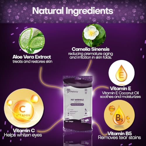 Petazy Wrinkle Wipes for Dogs 50 Count 5x6 | 3X Larger Dog Face Wipes for French Bulldog and Pug - Cleans Skin Folds, Tear Stains, Tail Pockets | Anti-Itch, Soothing & Hypoallergenic with Coconut Oil