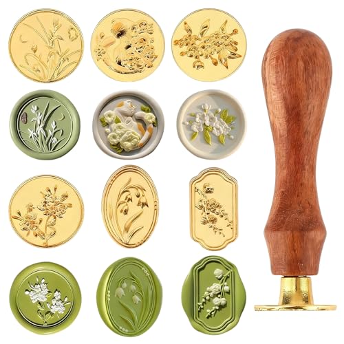 Wax Seal Stamp Kit with 6 Interchangeable Heads Removable Wooden Handle for Elegant Sealing on Envelopes Invitations Cards and Gift Wrapping