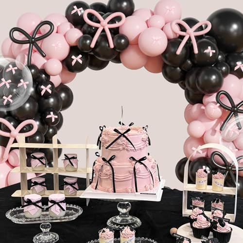 Image of Pink and Black Balloons Arch Kit, 199Pcs Pink and Black Bow Birthday Decorations with 260 Bubble Balloons Ribbon for Coquette Bow Theme Birthday Bridal Shower Bachelorette Baby Shower Wedding