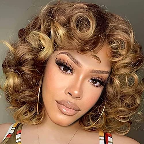 PORSMEER Afro Pelucas sintéticas onduladas rizadas 35cm para mujeres negras,pelo natural peluca rizada grande suelta con Flequillo Para Mujeres,Pelucas de densidad 180% (Rubio Ombre)