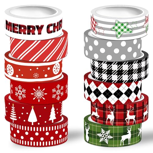 Christmas Washi Tape Set,12 Rolls Red Black Green Plaids Holiday Decorative Tape Xmas Tree Snowflake Elk Masking Tape for Journaling Supplies,Journal, Scrapbooking, Arts & Crafts,Gift Wrapping