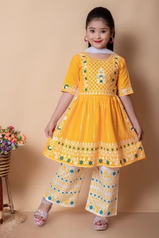 Image of Girls Traditional Embroidered Kurta Palazzo Set, Green and White, Floral Design, Half Sleeves