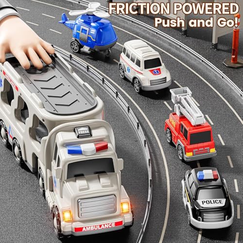 Image of Mini Explorer 5 in 1 Ambulance Vehicle Toddler Truck Toys,Friction Powered Cars with Toy Helicopter,Police Car,Fire Truck,Ambulance Car,Birthday Gifts for Girls Age 3-9