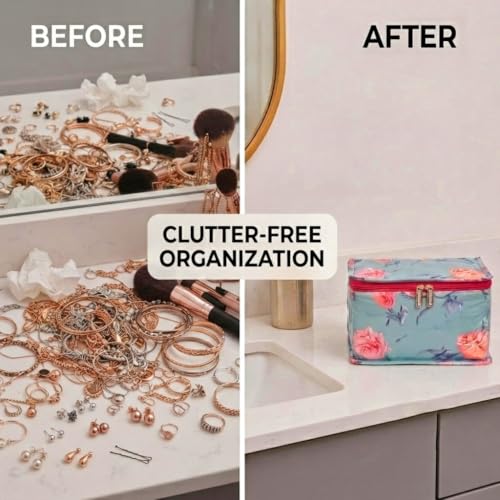 Image of Kuber Industries PVC Flower Print Jewellery Organizer Box & 10 Detachable Transparent Pouch | Cushioned All 10 Packet Storing Small Accessorie | Green
