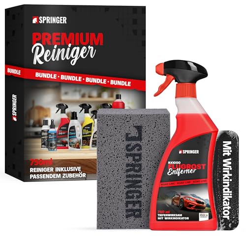 SPRINGER RX1000 - - Flugrostentferner 750 ml + Schwamm - - Made in Germany - - Schonender & tiefenwirksamer Rost-Reiniger - - Rostentferner für Flugrost, Korrosionsspuren, Industriestaub, etc.