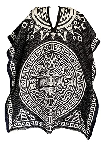 Mexican Poncho authentic, jorongo escudo de México y calendario azteca, reversible, Black, 72