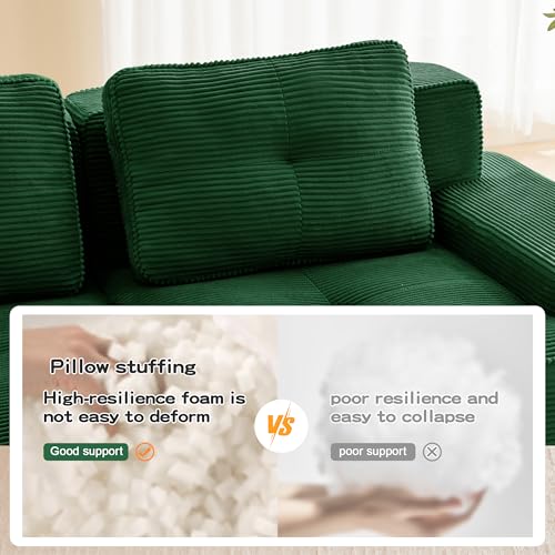 Image of 151.1 inch Large Modular Sectional Sofa for Living Room, 6-Seater V-Shaped Corner Sofa, Comfy Boneless Couch with 2 Movable Ottomans, Corduroy Design for Family Space, No Assembly, Green