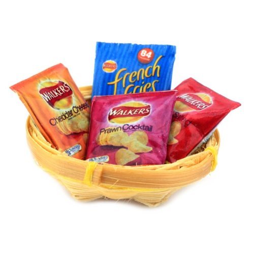 MyTinyWorld 4 Dolls House Miniature Packs of Crisps in a Basket