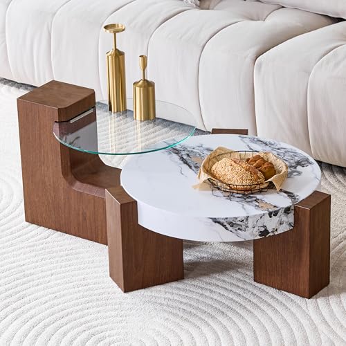 Table basse combinable salon aspect noyer MDF et verre de sécurité