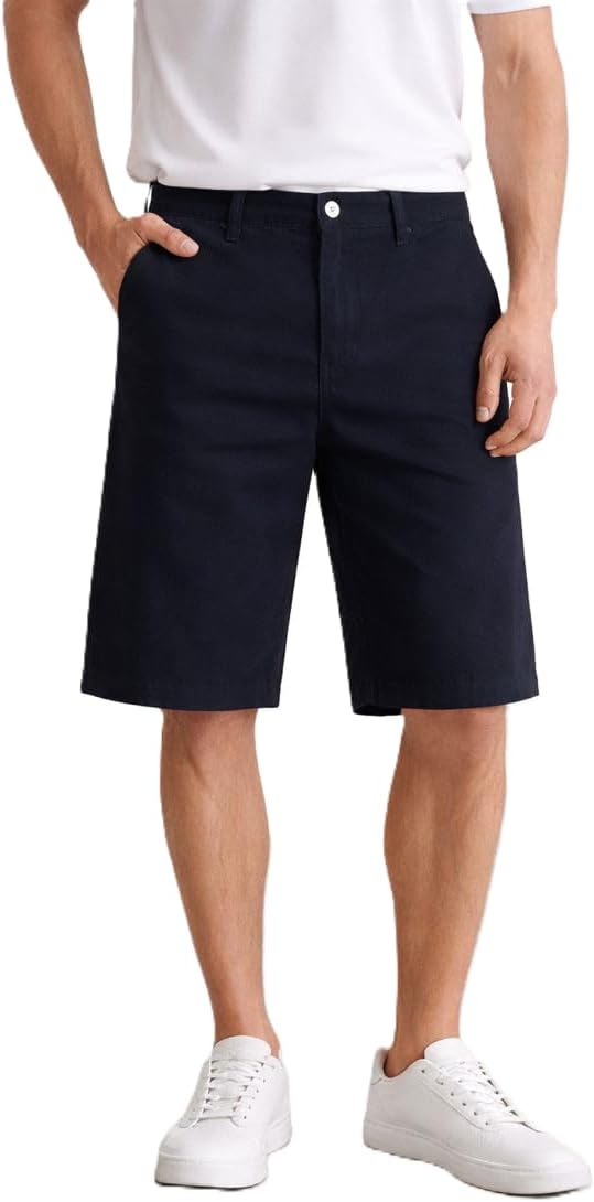 Bermuda Masculina de Sarja, Corte Reto Slim, 100% Algodão, Azul Escuro 42, cintura 82 cm