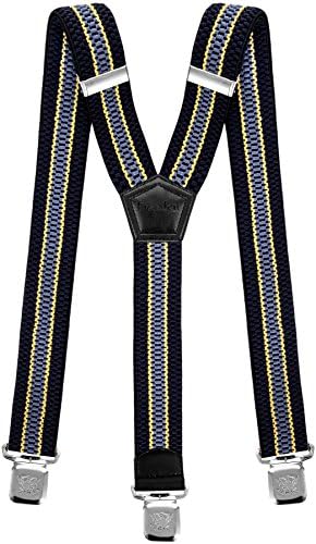 Mens Suspenders Wide Adjustable and Elastic Braces Y Shape with Very Strong Clips - Heavy Duty (Navy Blue Yellow Light Blue)