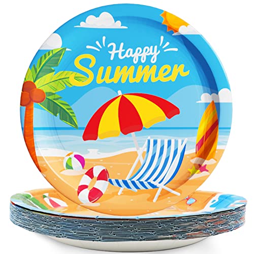 Wiooffen 48 Pcs Summer Beach Party Plates 7inch Birthday Party Disposable Paper Dessert Plate Supplies Decorations Beach Theme Plates Tableware for Birthday Baby Shower