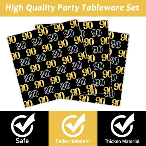 Image of 96PCS 90th Theme Birthday Party Tableware Vintage 1936 Party Supplies 90 Year Old Birthday Decorations Plates Napkins Forks Black and Gold Dinnerware Favors for Men or Women