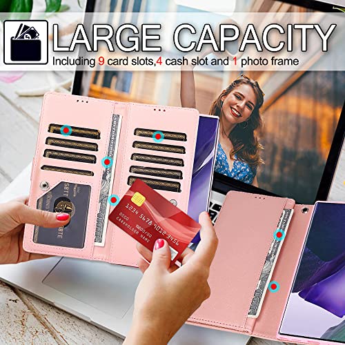 Kudex Wallet Case For Galaxy Note 20 Ultra, Glitter Bling Flip Folio Leather Protective Magnetic Stand Zipper Purse Cover With Card Slot Holder Strap For Samsung Galaxy Note 20 Ultra 6.9’’(Rose Gold) #TOP2