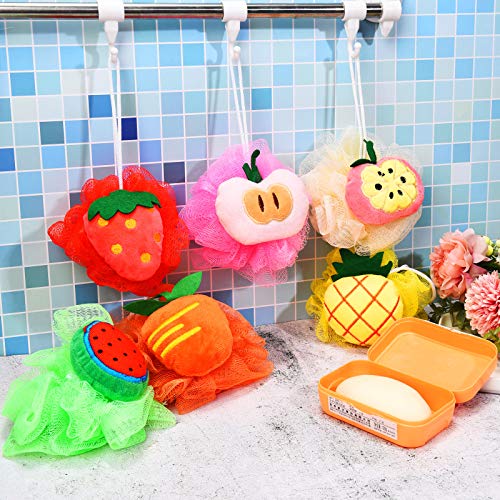6 Pieces Cute Fruit Bath Shower Sponge Loofahs Mesh Pouf Shower Ball Colorful Cartoon Body Scrubber Balls Shower Mesh For Kids Adults #TOP5
