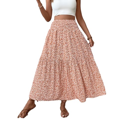Floral Maxi Skirt for Women Tiered Elastic High Waisted Skirts Casual Summer Vacation A-Line Flowy Swing Long Skirts