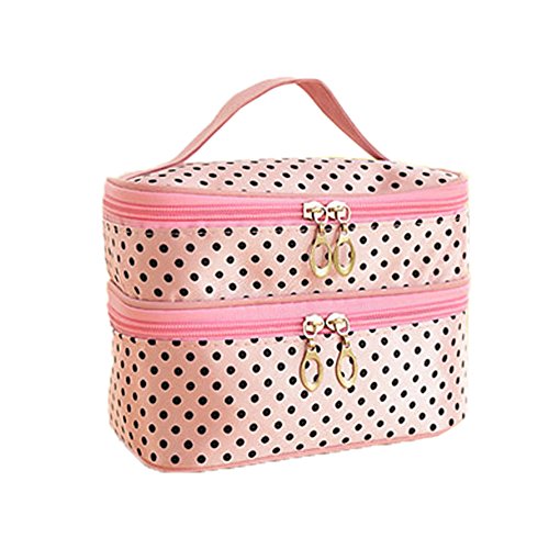 FUNOC Womens Toiletry Bag Dot Pattern Double Layer Makeup Bag