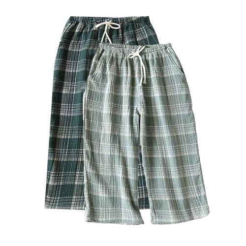 Men's Capri Pajama Pants Thin Cotton Pj Bottoms Plaid Printed Cool Cozy Home Sleep Lounge Pocket