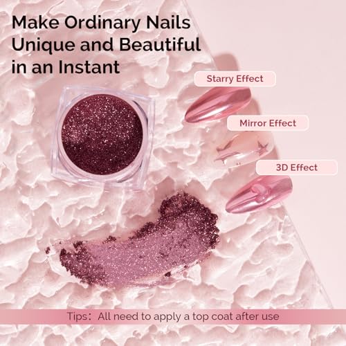 Image of MelodySusie Pink Chrome Nail Powder for Gel Nails,Metallic Mirror Effect Pigment Stylish Fine Glitter for Home DIY Salon Use