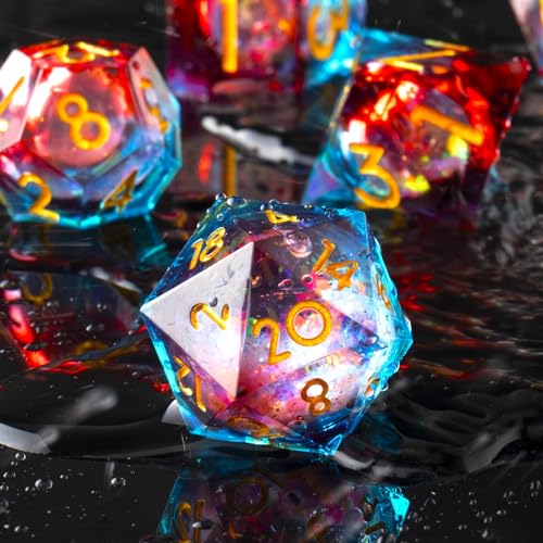YEMEKO Handmade Liquid DND Dice Set Liquid Core DND Dice Quicksand Ball 7 Accessories Dice for Dungeons and Dragons RPG Polyhedral Resin Sharp Edge Dice Roleplaying Liquid Blue Red