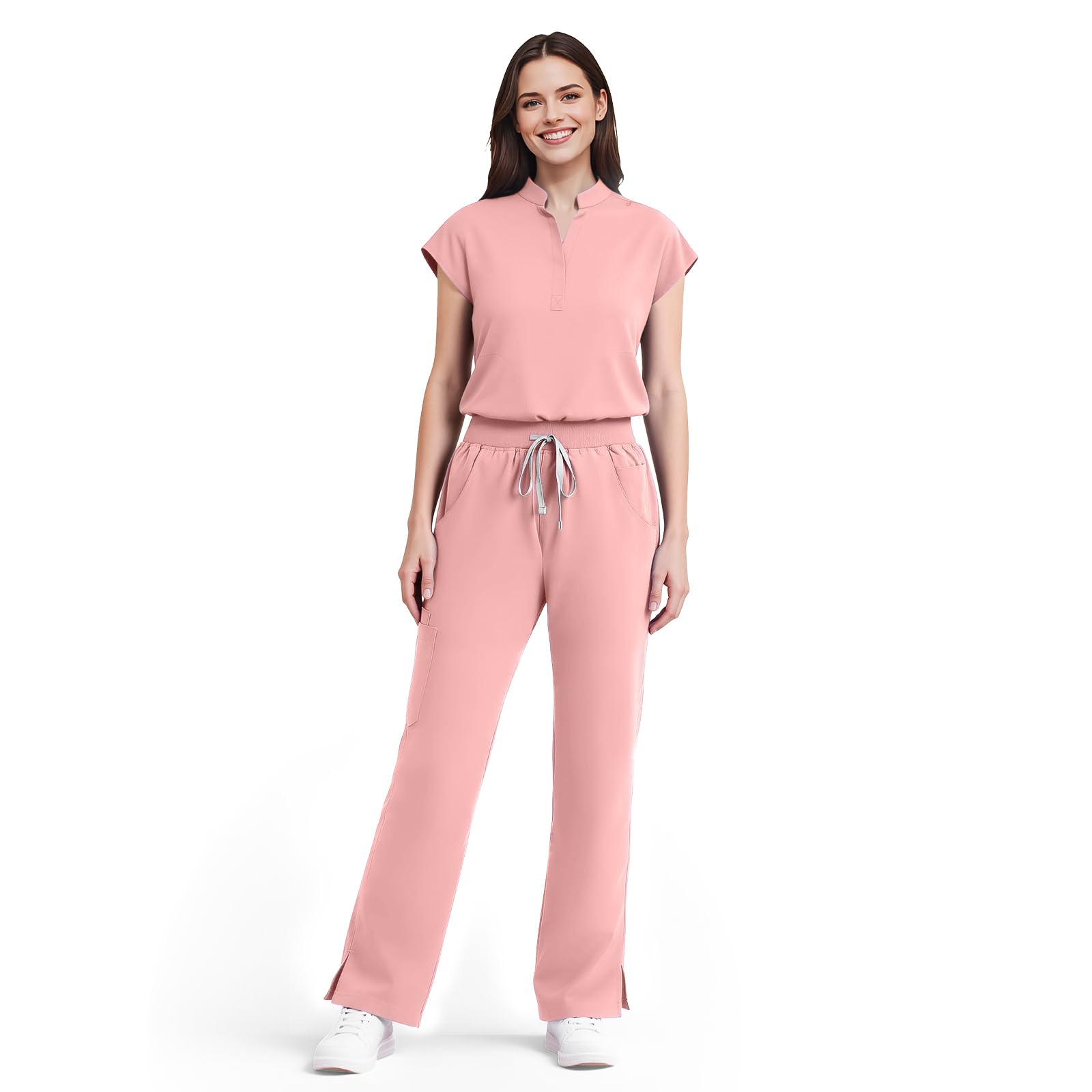 Scrubs for Women Set, Sleeveless 9-Pocket Straight Leg Yoga Waist Medium Pink