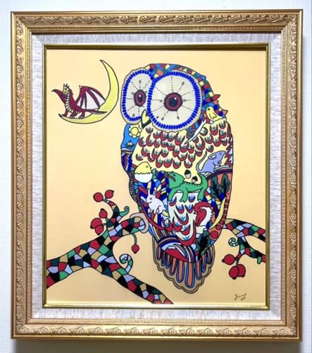 F10号ジミー大西ふくろう肉筆表裏サイン有油彩アクリル額縁額装のサムネイル