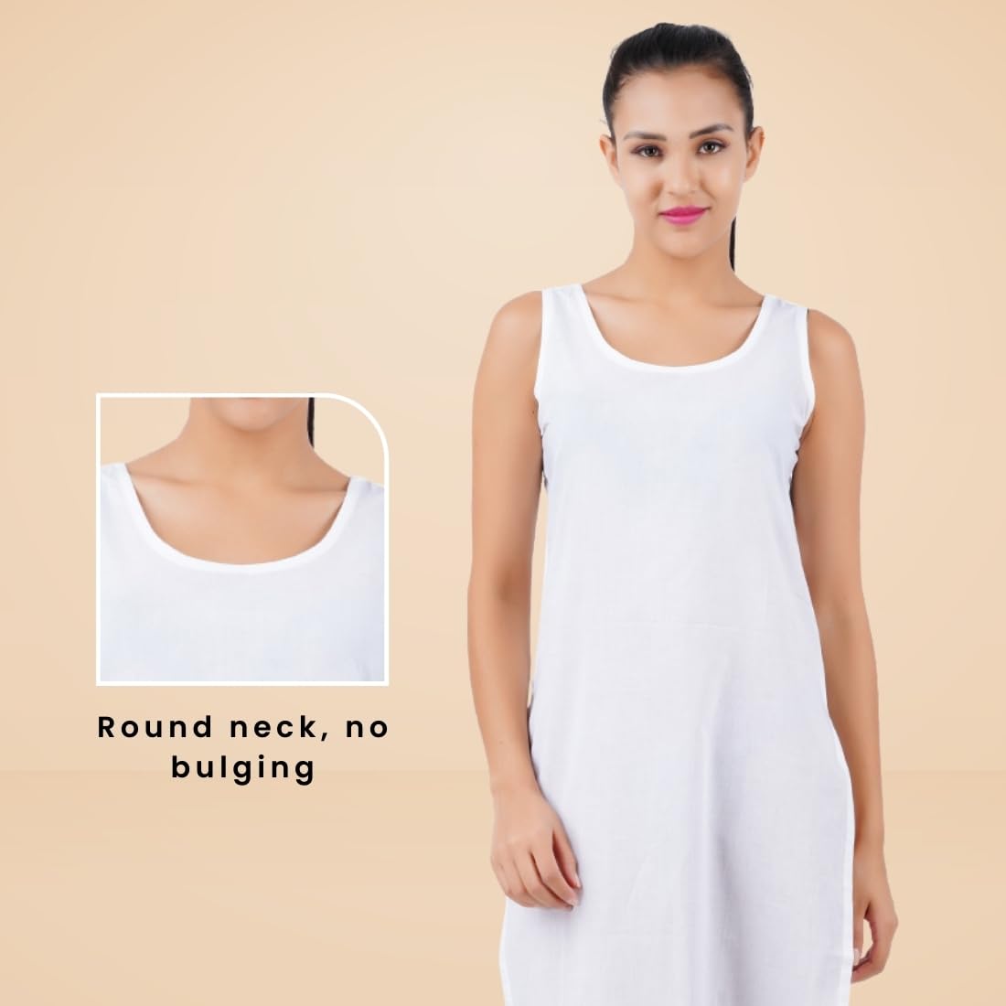 Happy Bunny Soft Cotton Knee Length Inner Slip for Women, Sleeveless Non-Stretch Camisole for Kurti, Dress & Chikankari Suit Lining, Fresh Guard Treated (MED, Blanco White) - Image 3 thumbnail