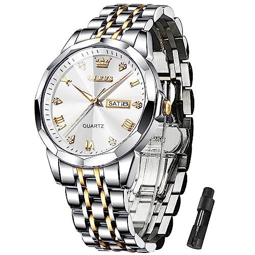 Image of OLEVS Mens Watch Stainless Steel Analog Quartz Watches for Men Day Date Easy Read Diamond Waterproof Dress Luxury Classic Casual Big Face Blue /Black /Gold /Silver Roman Arabic Numerals Men's Wrist Watch