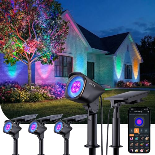 Linkind Smart Solar Lights Outdoor Waterproof SL6C Dual-Ring Solar&USB Charging Solar Spotlights Outdoor Waterproof IP66 Color Changing Spot Light for Yard Tree Landscape House 4 Pack