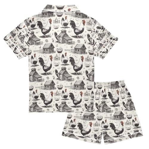 senya Henhouse Rooster Egg Satin Summer Pajama Sets Silk Short Sleeve Button Down Sleepwear2