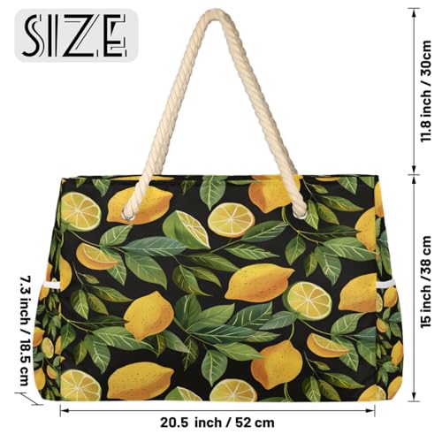 cfpolar Fresh Yellow Lemon Beach Bag for Women Ladies Large Beach Pool Tote Bag Sandproof Beach Tote with Zipper Gym Tote Carry On Bag Reusable Grocery Shopping Bag for Weekender Travel Daily2