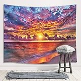 JAWO Tropical Ocean Sunset Sea Landscape Tapestry Wall Hanging Decoration, Purple Clouds and Gloden...