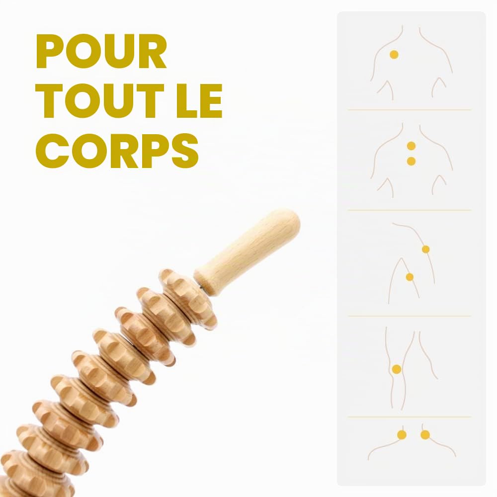 Masseur Anti-cellulite En Bois, Rouleau Masseur Courbé Pour Tout Le Corps Favorise La Circulation, 11 Roues Détachables, Soulagement De La Douleur Musculaire Et Relaxation, 40 Cm